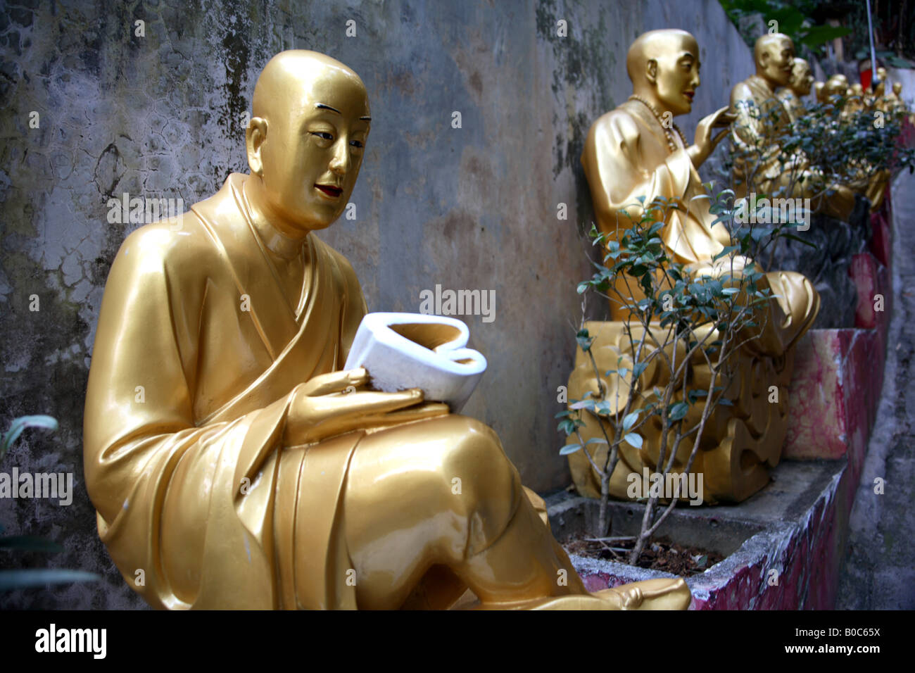 Statue buddiste nel percorso di diecimila buddha monastero Sha Tin Hong Kong Cina Foto Stock