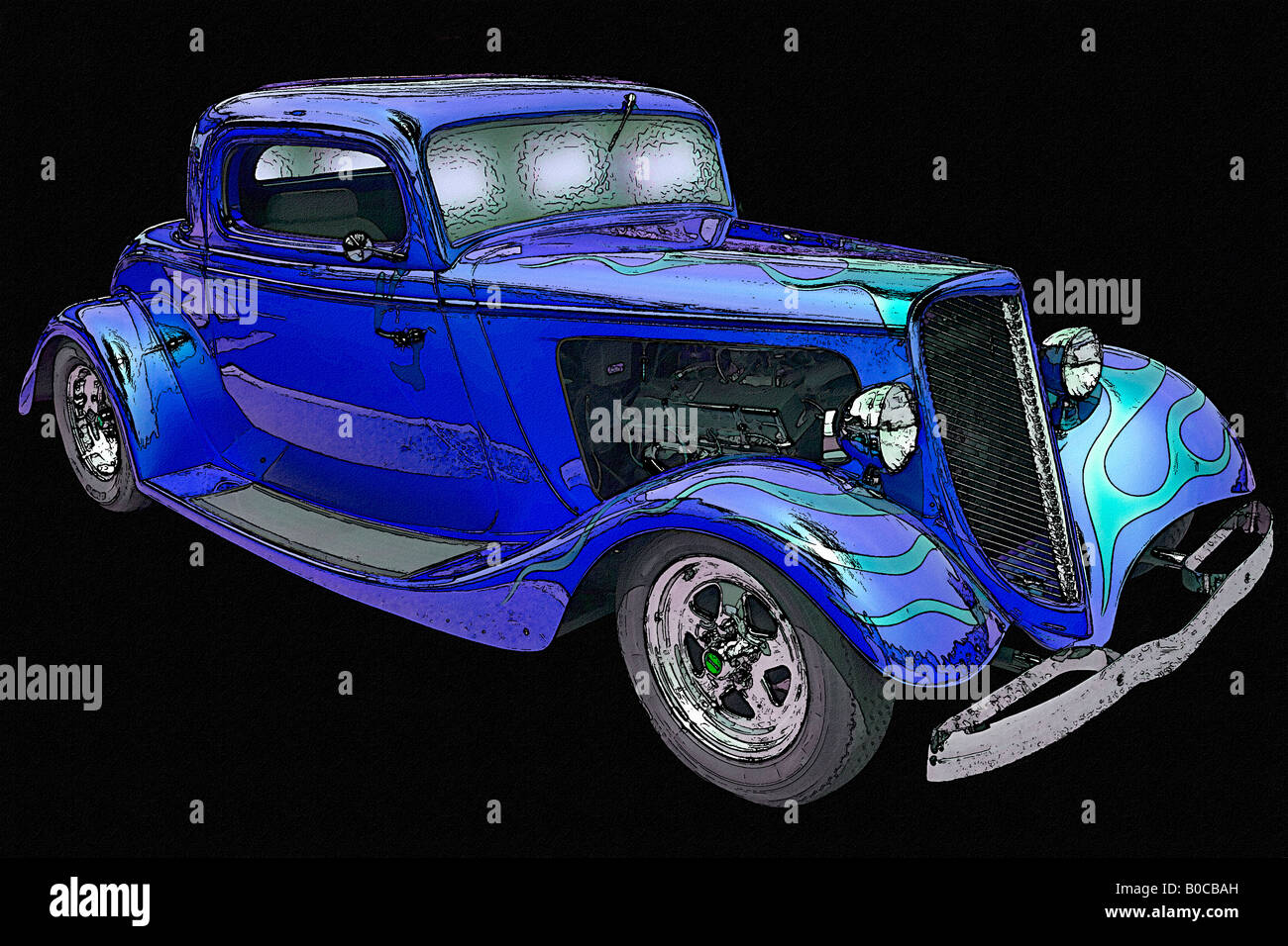 Illustrazione di un blu 1934 5 finestra Ford Coupe vista laterale e frontale tagliato fuori e su uno sfondo nero Silhouette Foto Stock