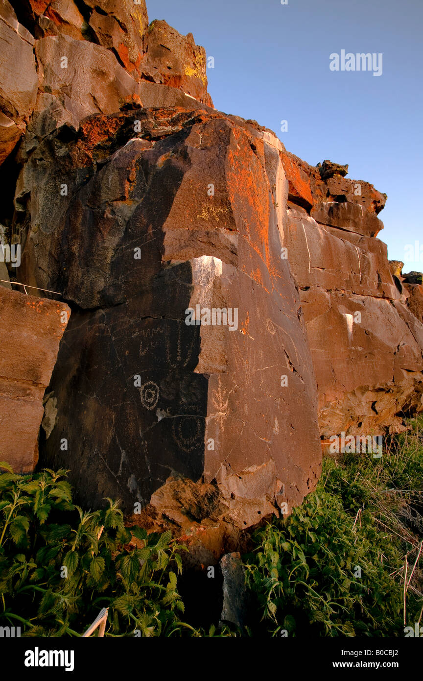 Petraglyphs decorano il cerchio di basalto rocce nel deserto Owyhee del sud ovest Idaho Foto Stock