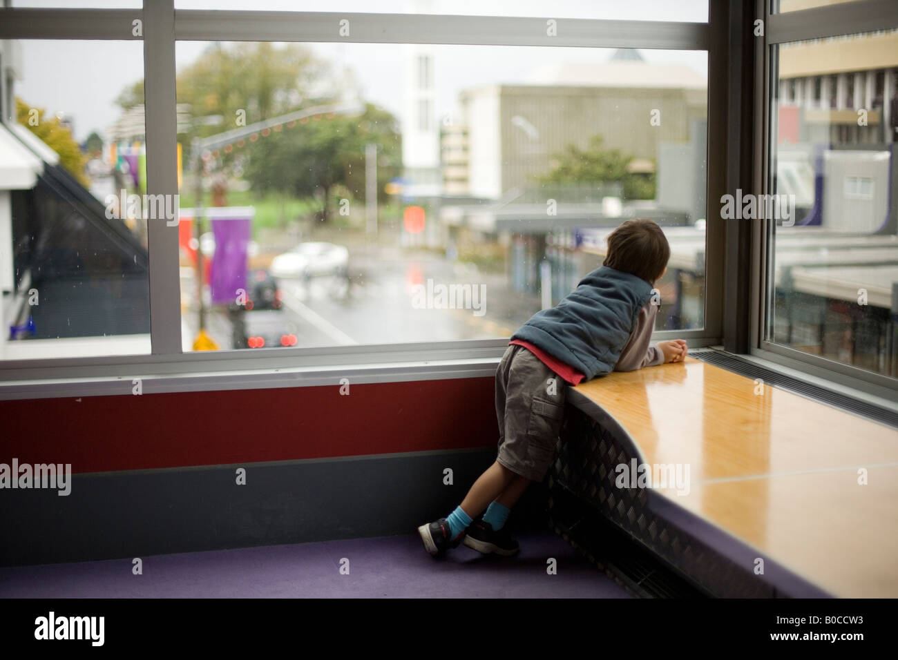 Ragazzo di età compresa tra i sei guarda fuori dalla finestra di una libreria Foto Stock