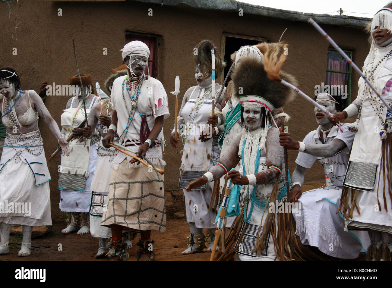 Xhosa sangomas nel villaggio Mgwali, Capo orientale del Sud Africa di eseguire una danza culturale. Foto Stock