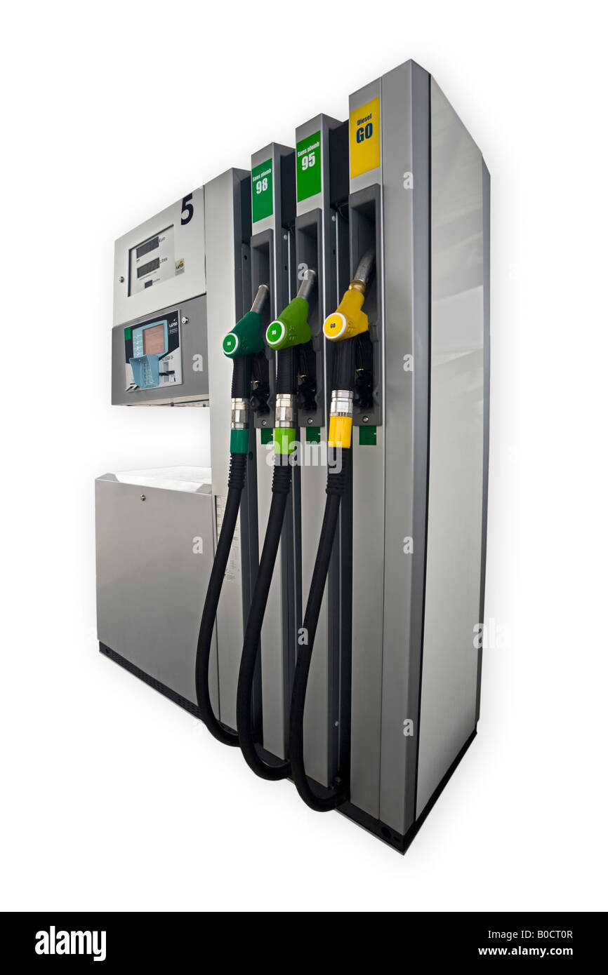 Una pompa di benzina intaglio su uno sfondo bianco. Pompe à essence neuve, détourée sur fond blanc. Foto Stock