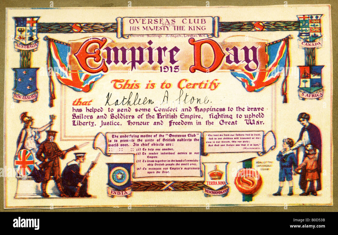 Oltremare certificato Club aiutare a riconoscere e comfort ai marinai e soldati nella Grande Guerra su Empire giorno 1915 Foto Stock