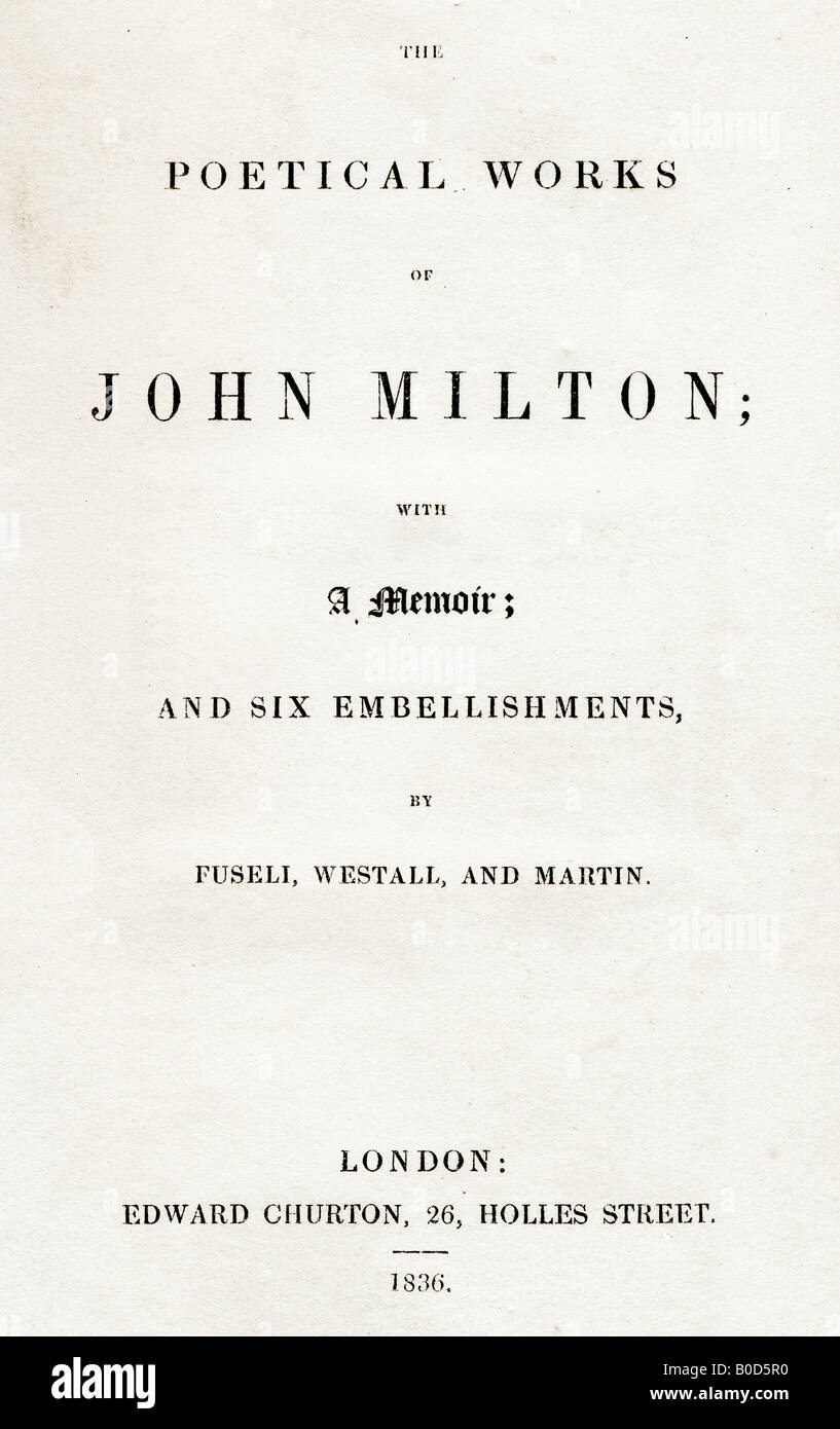 Pagina titolo dell'antiquario prenota le opere poetiche di John Milton pubblicato da Edward Churton di Holles Street Londra nel 1835 Foto Stock