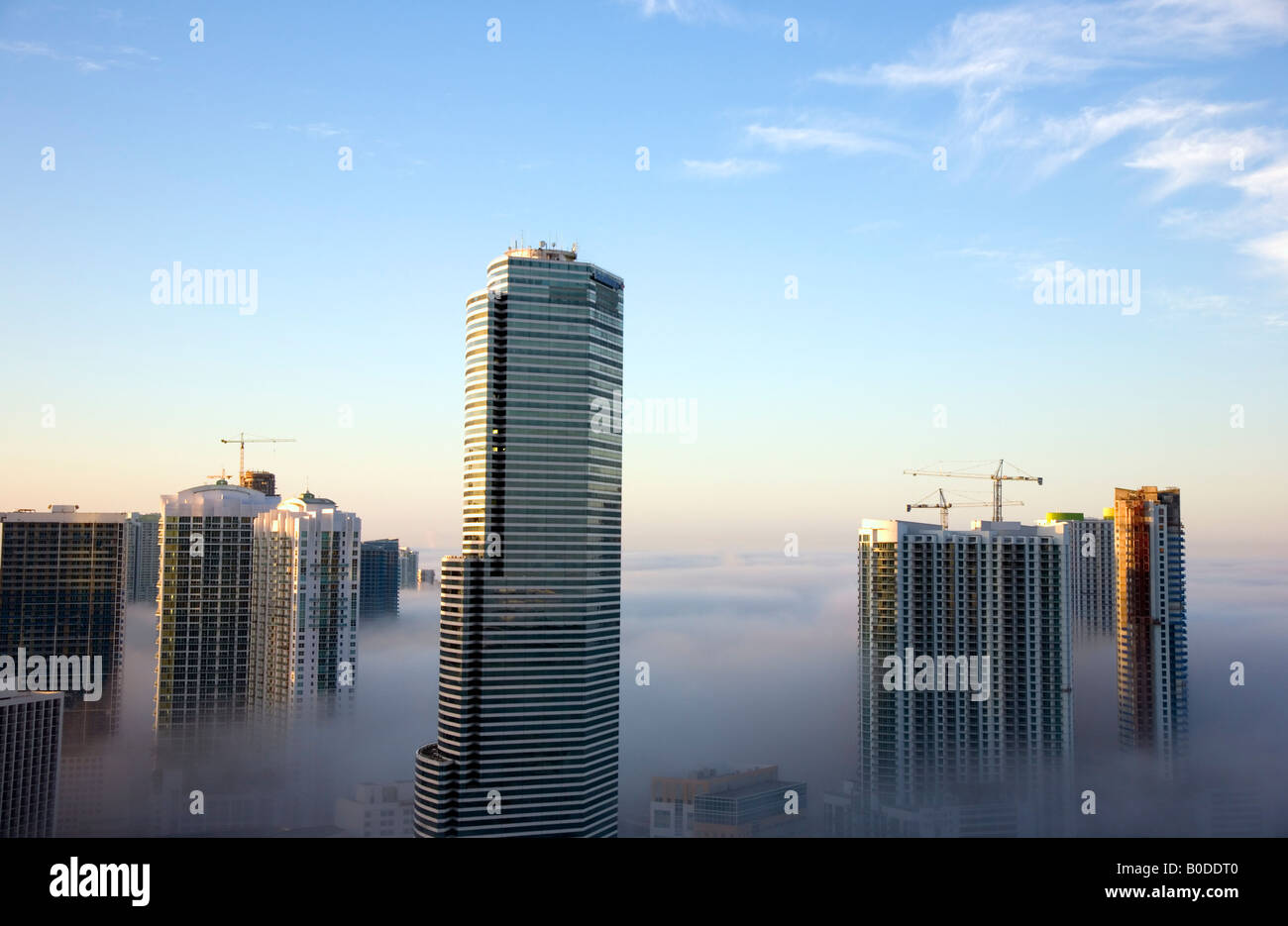 Nebbia di mattina aerial del centro cittadino di Miami è una bellissima città misteriosa tra le nuvole. Questa prospettiva sulla ricchezza, la crescita e l' industria è unico. Foto Stock