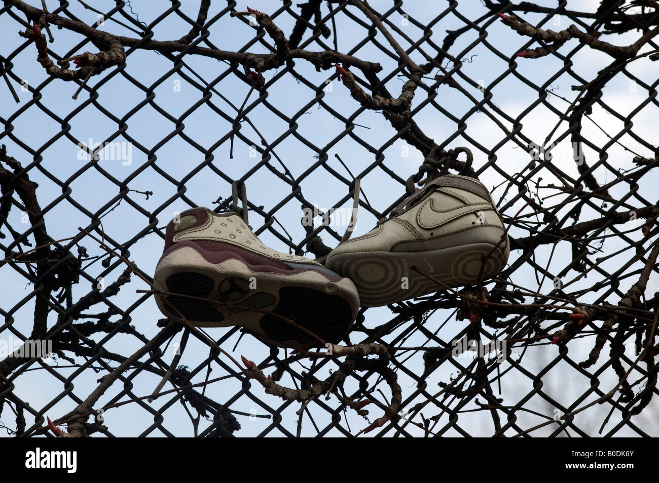 Un paio di scarpe da ginnastica attaccato ad un filo di pollo recinto nel Bronx borough di New York Foto Stock