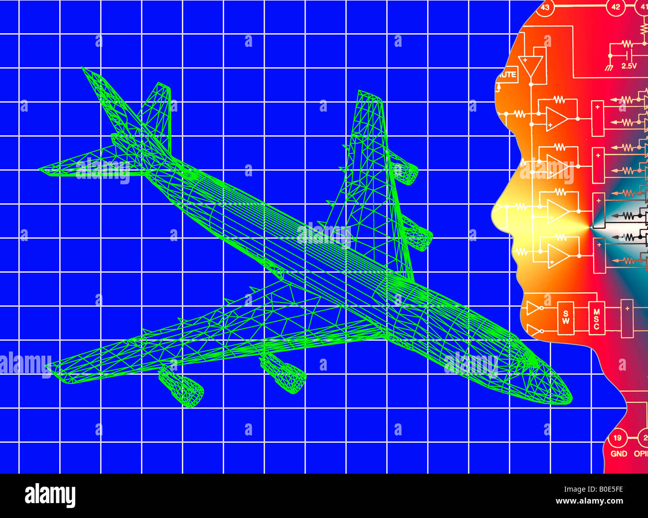 Generata da computer telaio filo immagine 3D di aviogetti civili e designer Foto Stock