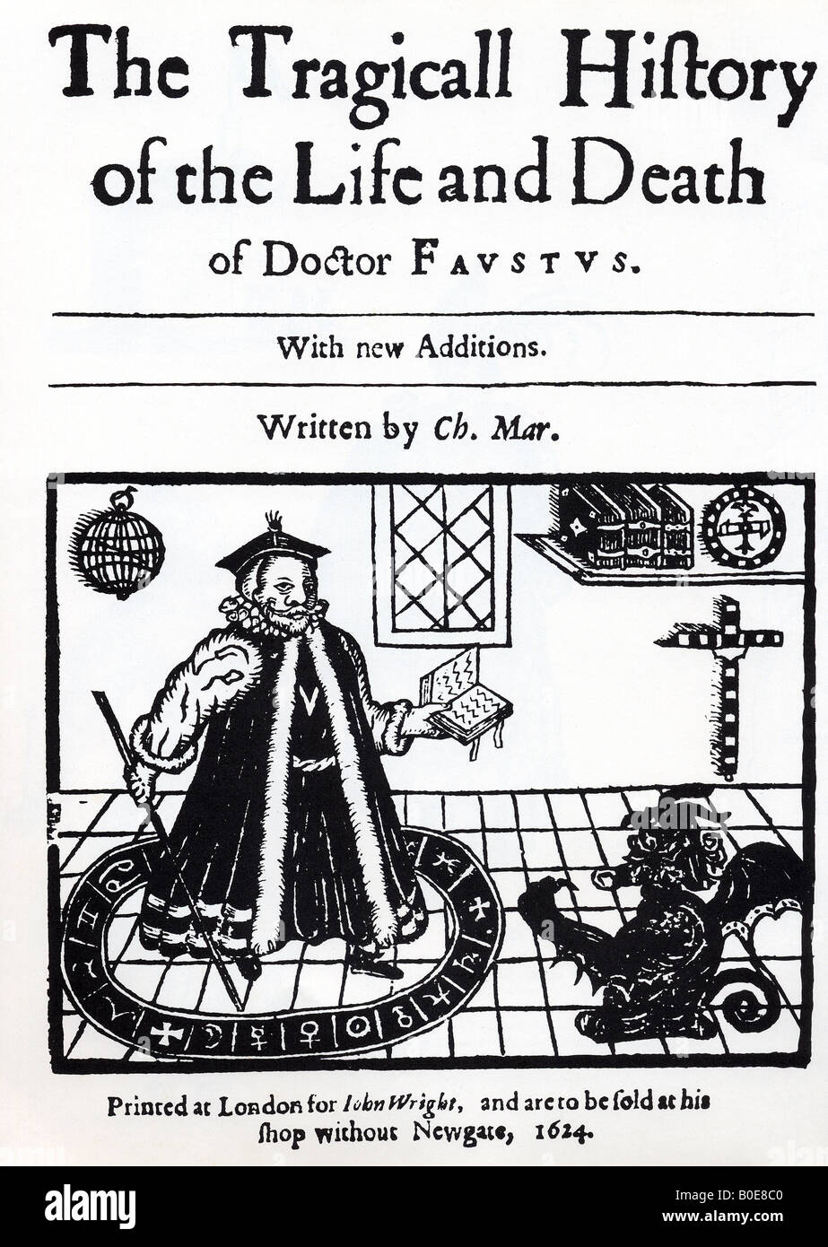 Dottor Faust frontespiece del 1624 edizione di Christopher Marlowe di gioco che mostra Faust rievocare l Mephistopheles Foto Stock