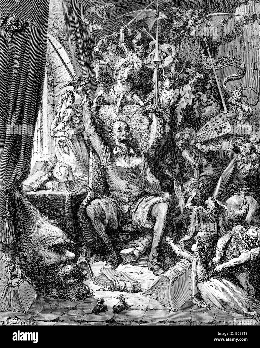 Incisione di Gustave Dore illustrazione del Don Chisciotte nella sua biblioteca Foto Stock