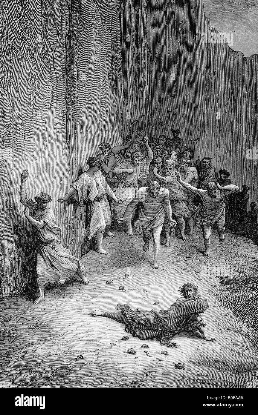 Incisione di Gustave Dore illustrazione di Santo Stefano di essere lapidato. Foto Stock
