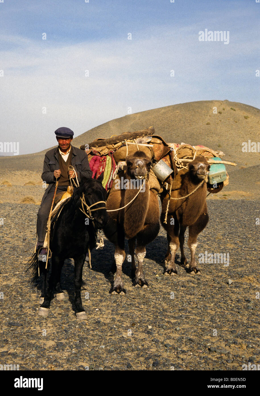 Uighur pastore a cavallo con il pack cammelli lungo la Via della Seta tra Turpan e Urumqi nella provincia di Xinjiang Foto Stock