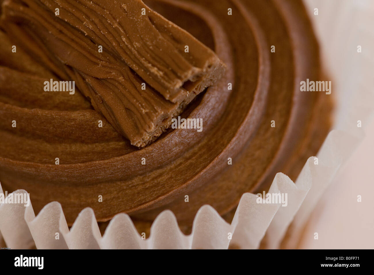 Close up di un panino al cioccolato con glassa di burro e un fiocco Foto Stock