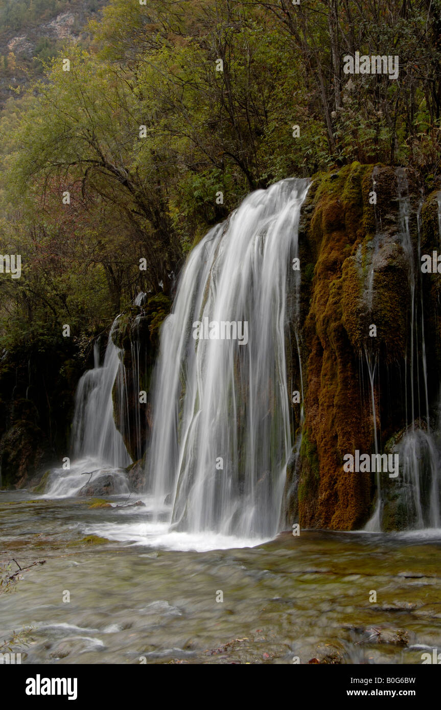 La freccia di bambù cascata sul lago a Jiuzhaigou, Sichuan in Cina Foto Stock