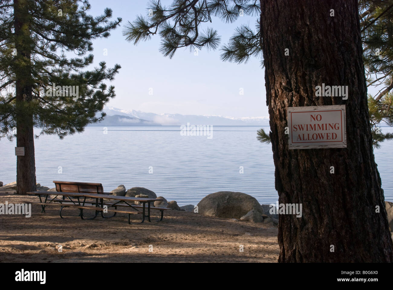 Una panchina nel parco sulla riva del lago di Tahoe, Nevada Foto Stock