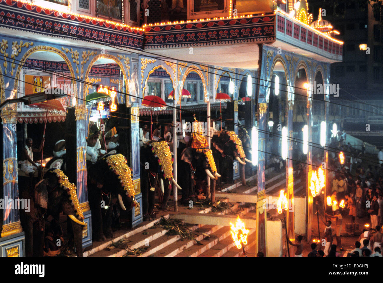 Gli elefanti schierate nel giorno finale della Thirunakkara Festival tempio, Kottayam, India. Foto Stock