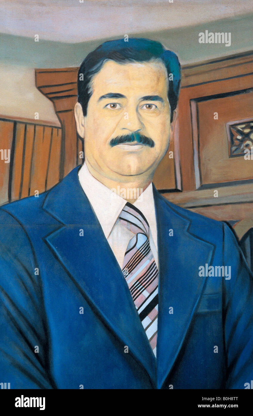 Ora distrutta ritratto di Saddam Hussein davanti a un hotel a Mosul, Iraq, Medio Oriente Foto Stock