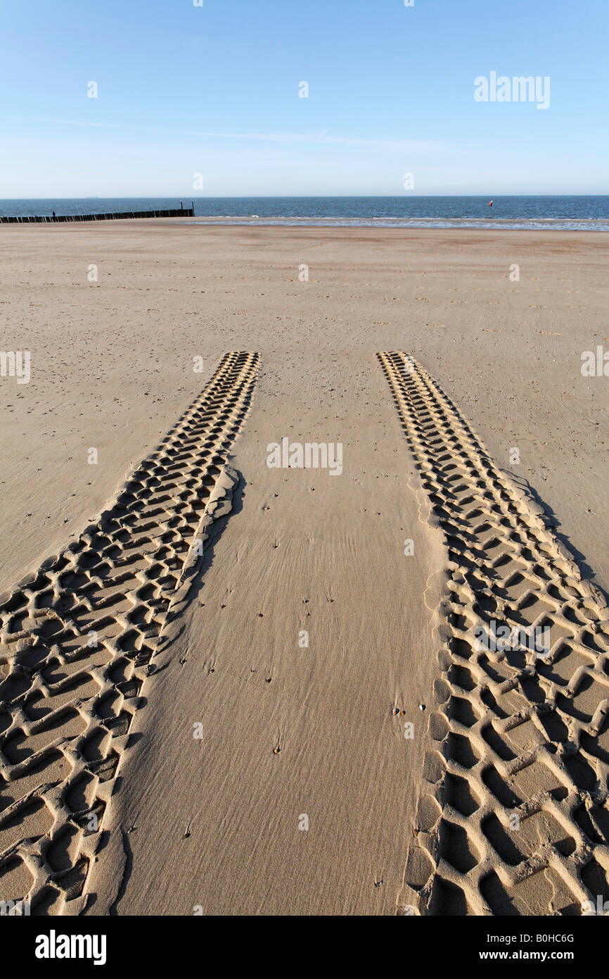 Veicolo AWD tracce di pneumatici a fermarsi nella sabbia, spiaggia sulla costa del Mare del Nord, Zoutelande, Walcheren, Zeeland, Paesi Bassi Foto Stock