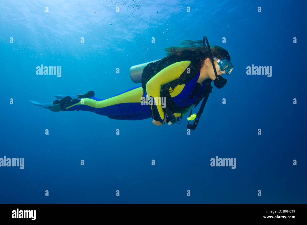 Femmina sub diving nell'oceano, Indonesia Foto Stock