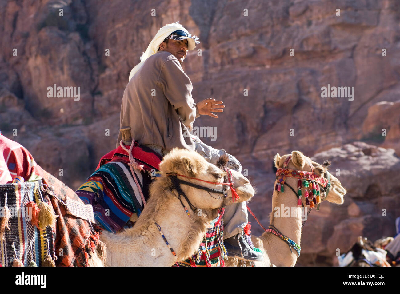 Uomo beduino con cammelli, Petra, Giordania, Medio Oriente Foto Stock