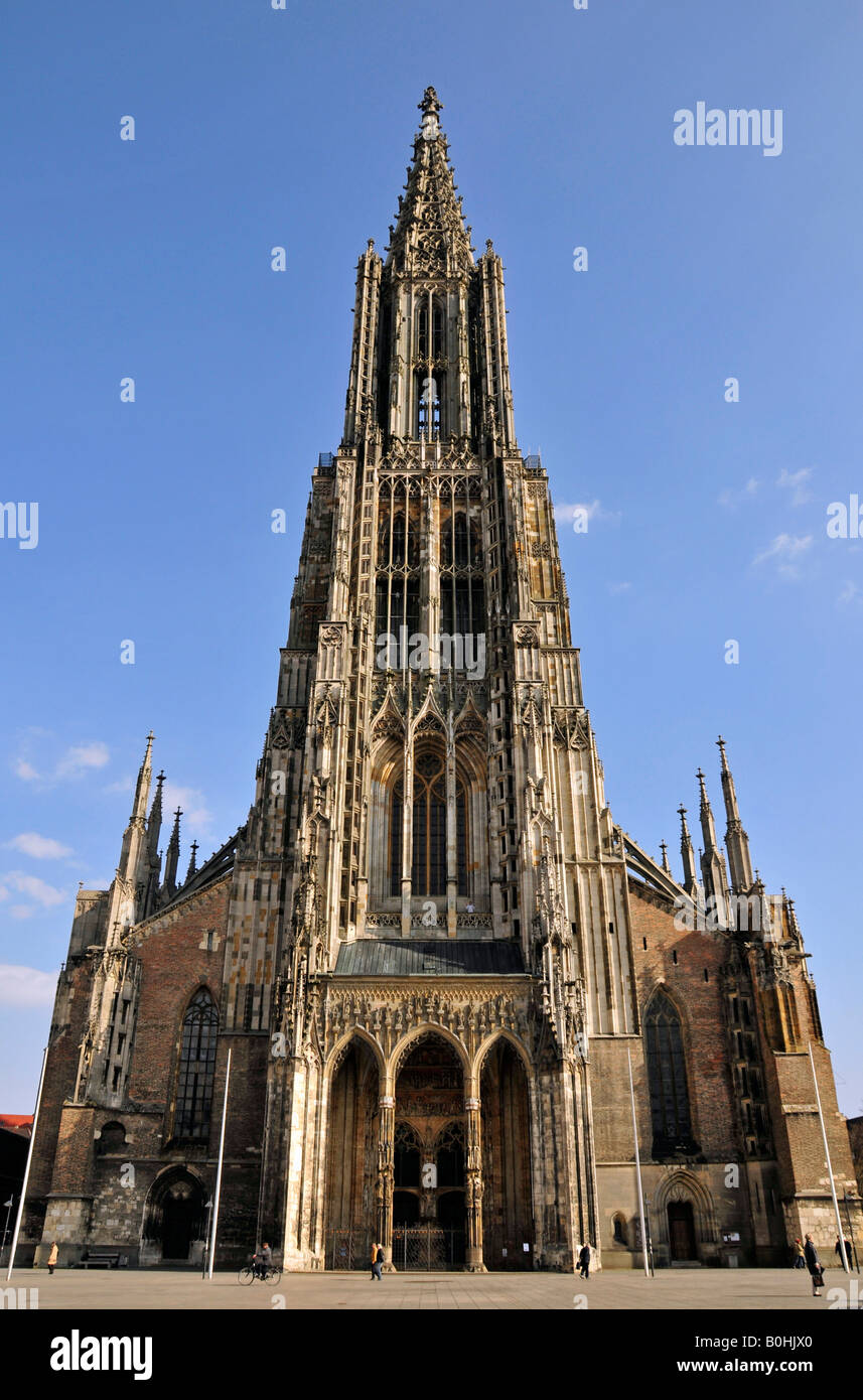 Ulmer Muenster, Cattedrale di Ulm, vista frontale e steeple, riccamente intagliato e decorato, Ulm, Baden-Wuerttemberg, Germania, Euro Foto Stock