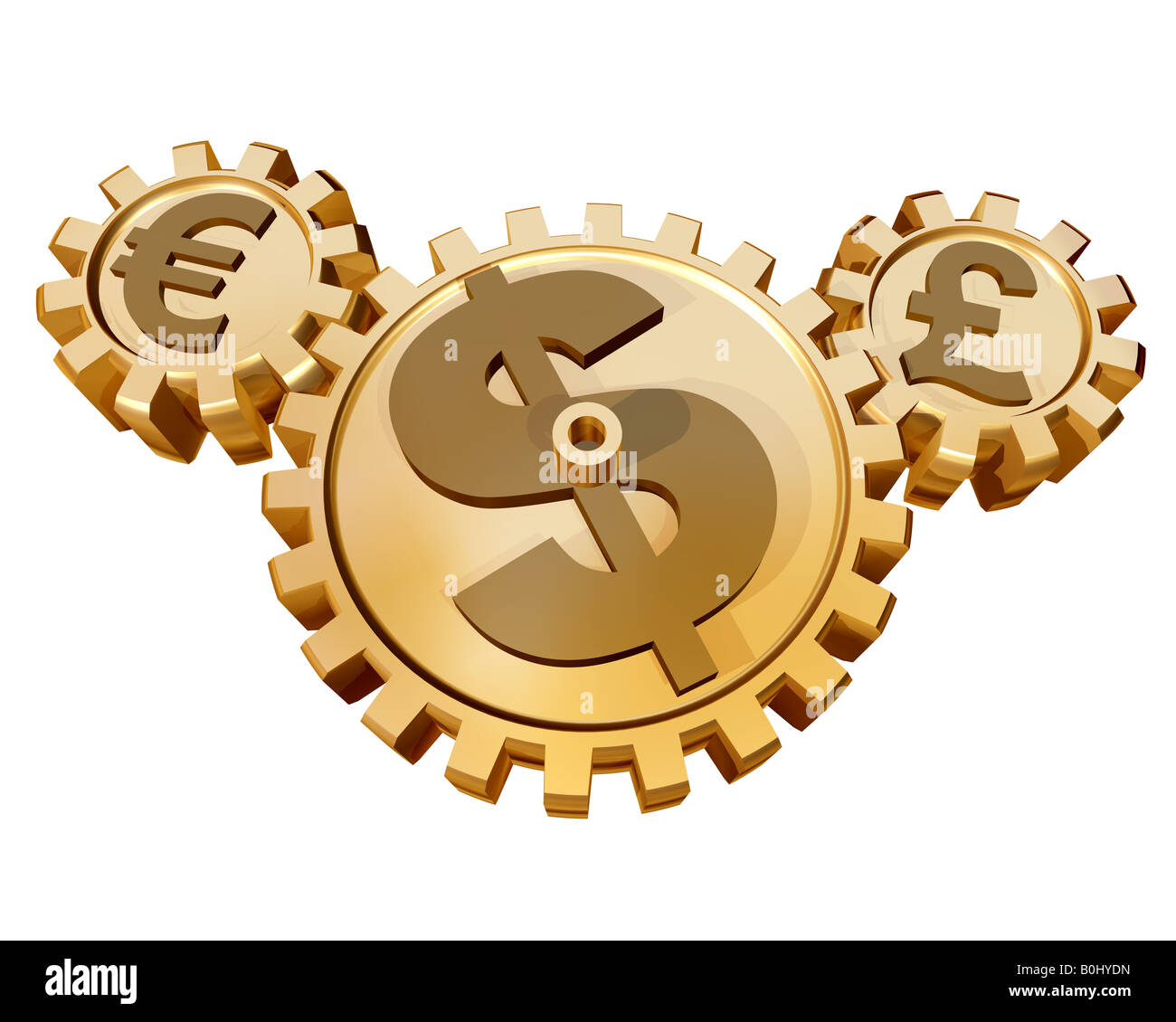 Diverse ruote dentate che rappresenta quanto la moneta mondiale dei mercati riguardano ogni altro. Foto Stock