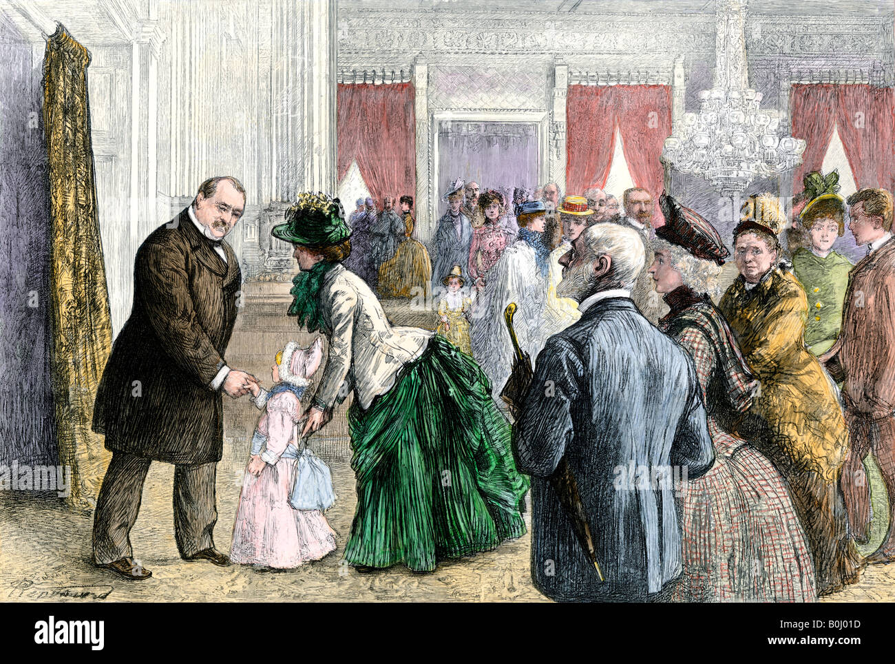 Presidente Grover Cleveland saluto i cittadini ad una casa bianca pubblica ricezione 1880. Colorate a mano la xilografia Foto Stock