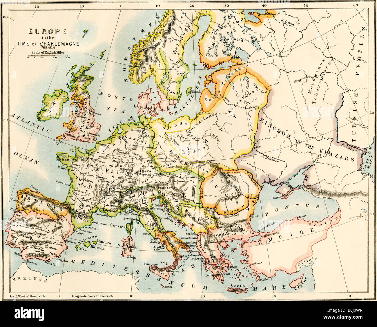 Mappa di Europa al tempo di Carlo Magno 768-814 d.c. Litografia a colori Foto Stock