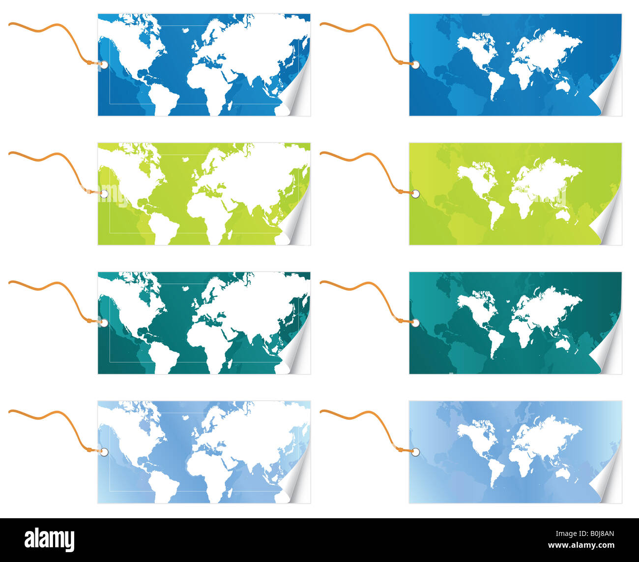 Illustrazione Vettoriale di due differenti mappa Mondo slick tag con guinzaglio in quattro varianti di colore effetto di pelatura Foto Stock