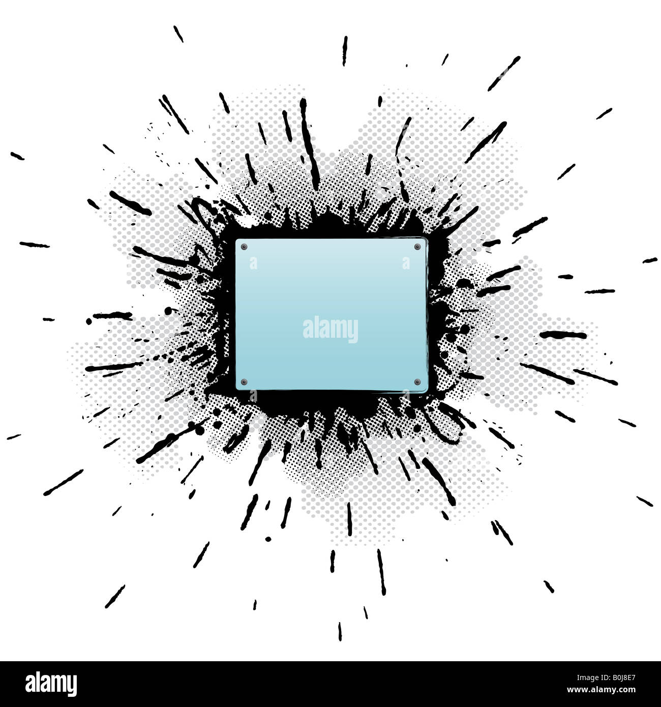 Illustrazione vettoriale di un confuso spruzzi di vernice esplosione con un moderno halftone nel background e una vite avvitata banner Foto Stock