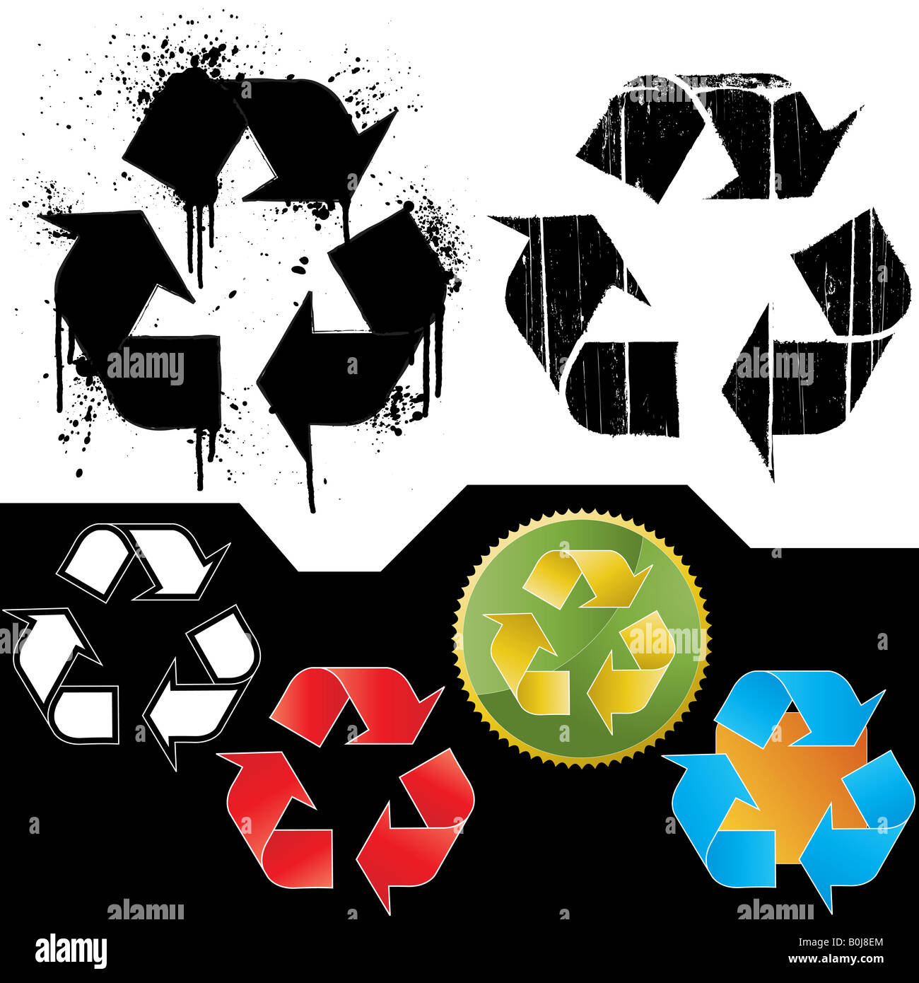 Illustrazioni vettoriali di sei diversi ecologia icone simbolo di due isolati grungy icone splatter e sporcizia testurizzato Foto Stock