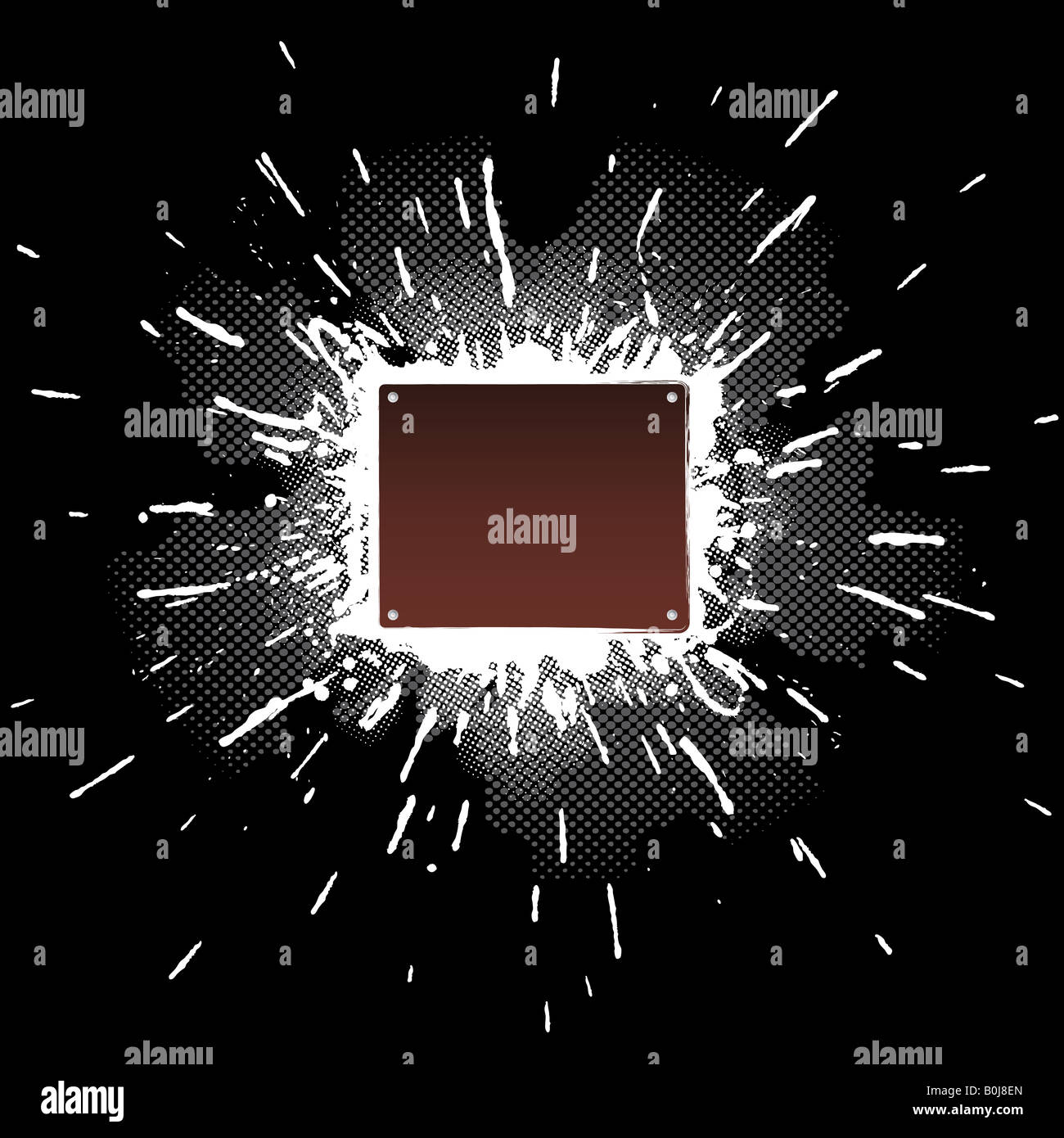 Illustrazione vettoriale di un confuso spruzzi di vernice esplosione con un moderno halftone nel background e una vite avvitata la piastra di metallo Foto Stock