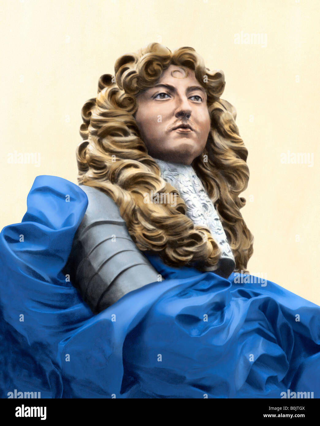 Busto del re francese Luigi XIV nel quartiere storico della città di Québec in Canada. Colorate digitalmente fotografia di una statua Foto Stock