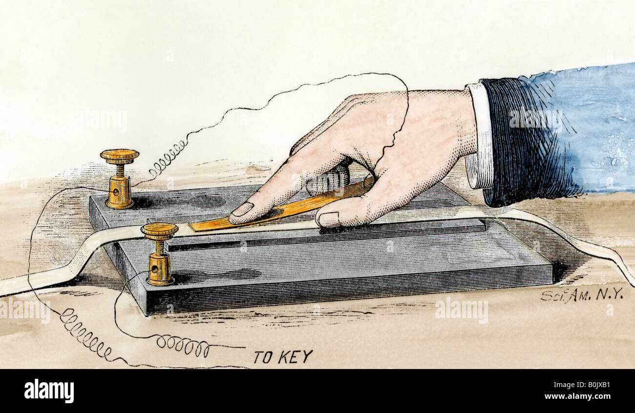 Thomas Edison, telegrafo elettro-motograph 1870s. Colorate a mano la xilografia Foto Stock
