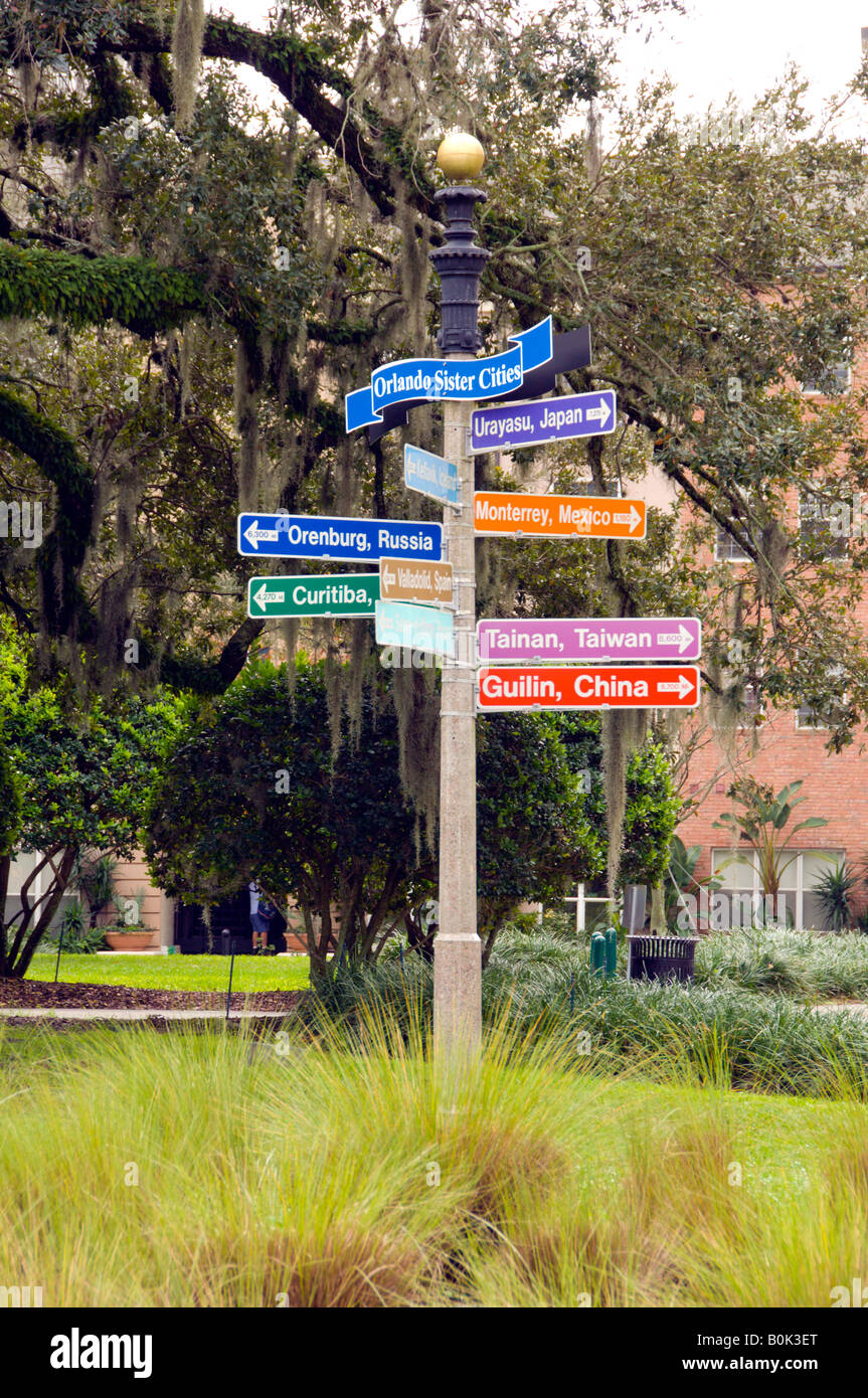 Segnaletica direzionale per varie città del mondo a Downtown Disney in Lake Buena Vista Florida USA Foto Stock