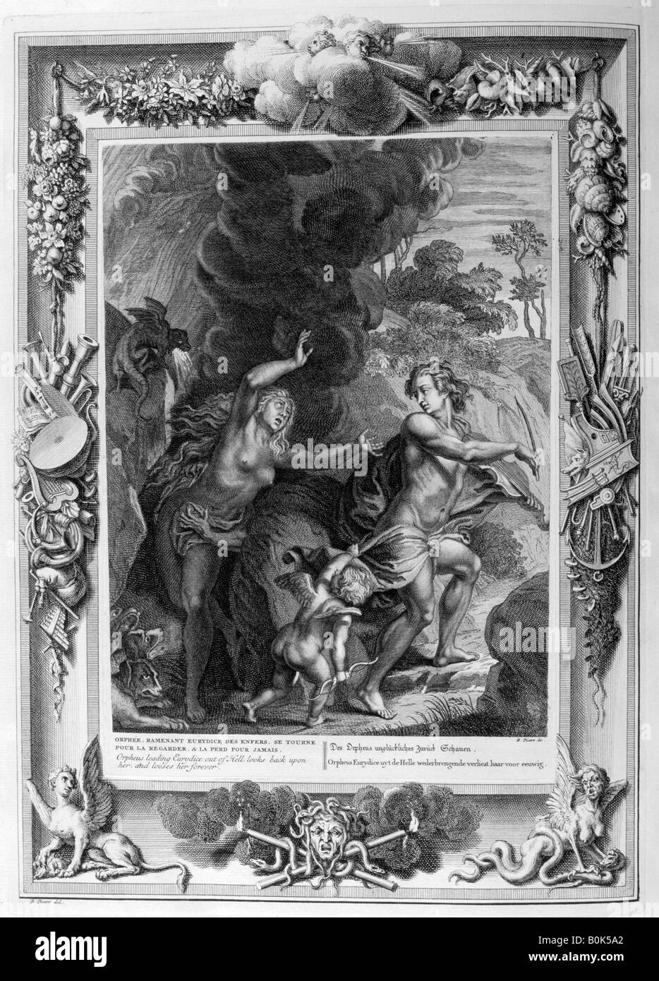 Orfeo e Euridice leader fuori dall'inferno, guarda indietro su di lei e perde la sua forever, 1733. Artista: Bernard Picart Foto Stock