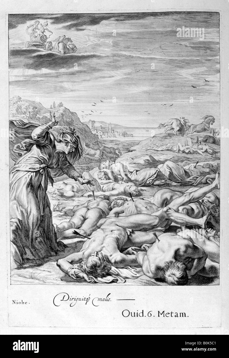 Apollo e Diana kill Niobe i bambini con le loro frecce: lei è girata in pietra, 1655. Artista: Michel de Marolles Foto Stock