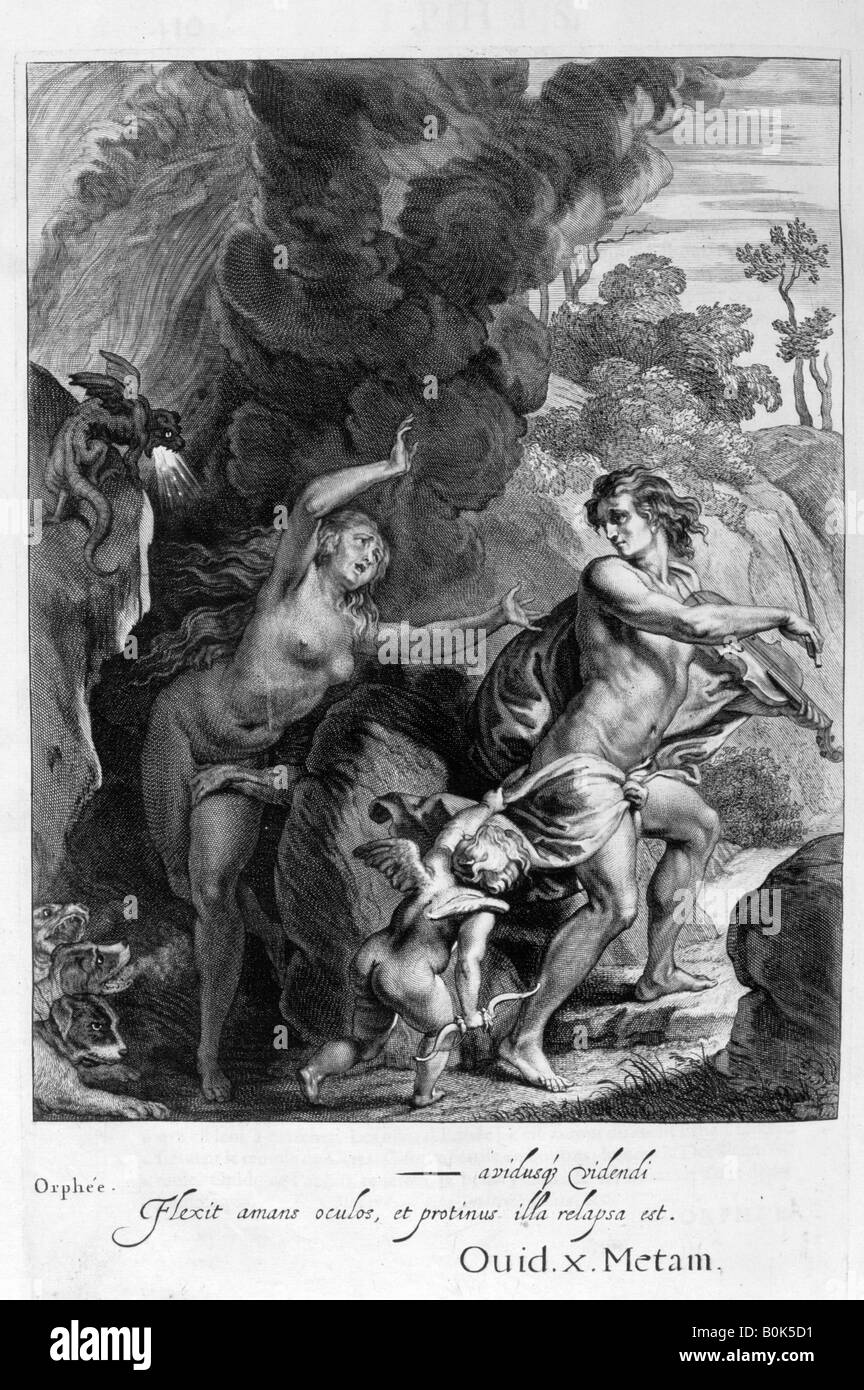 Orfeo e Euridice leader fuori dall'inferno, guarda indietro su di lei e perde la sua forever, 1655. Artista: Michel de Marolles Foto Stock