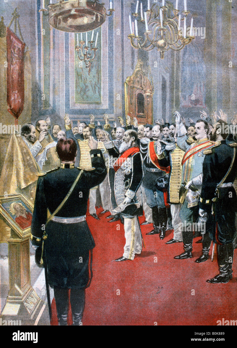 Il giuramento di fedeltà al Tsar Nicholas II, chiesa russa a Parigi, 1894. Artista: F Meaulle Foto Stock