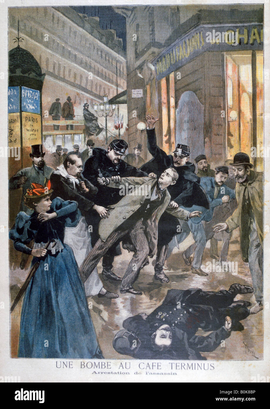 Arresto del Café Terminus bombardiere, Paris, 1894. Artista: Oswaldo Tofani Foto Stock