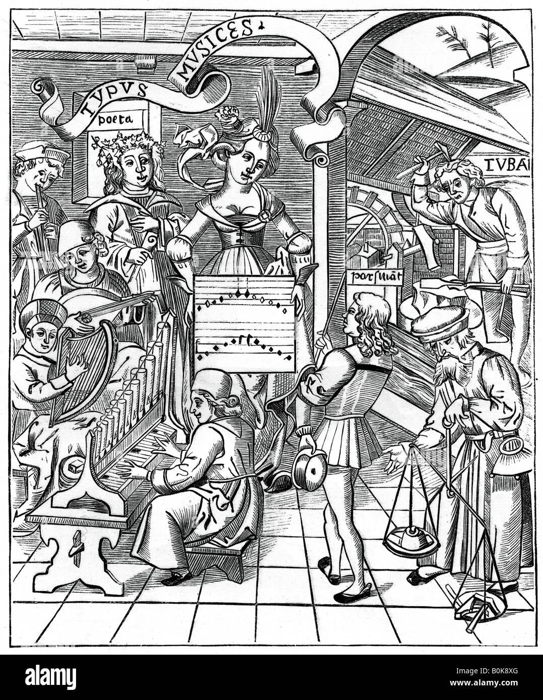 Personificazione della musica, con gli ausiliari, il poeta e musicisti, 1508, (1870). Artista: sconosciuto Foto Stock
