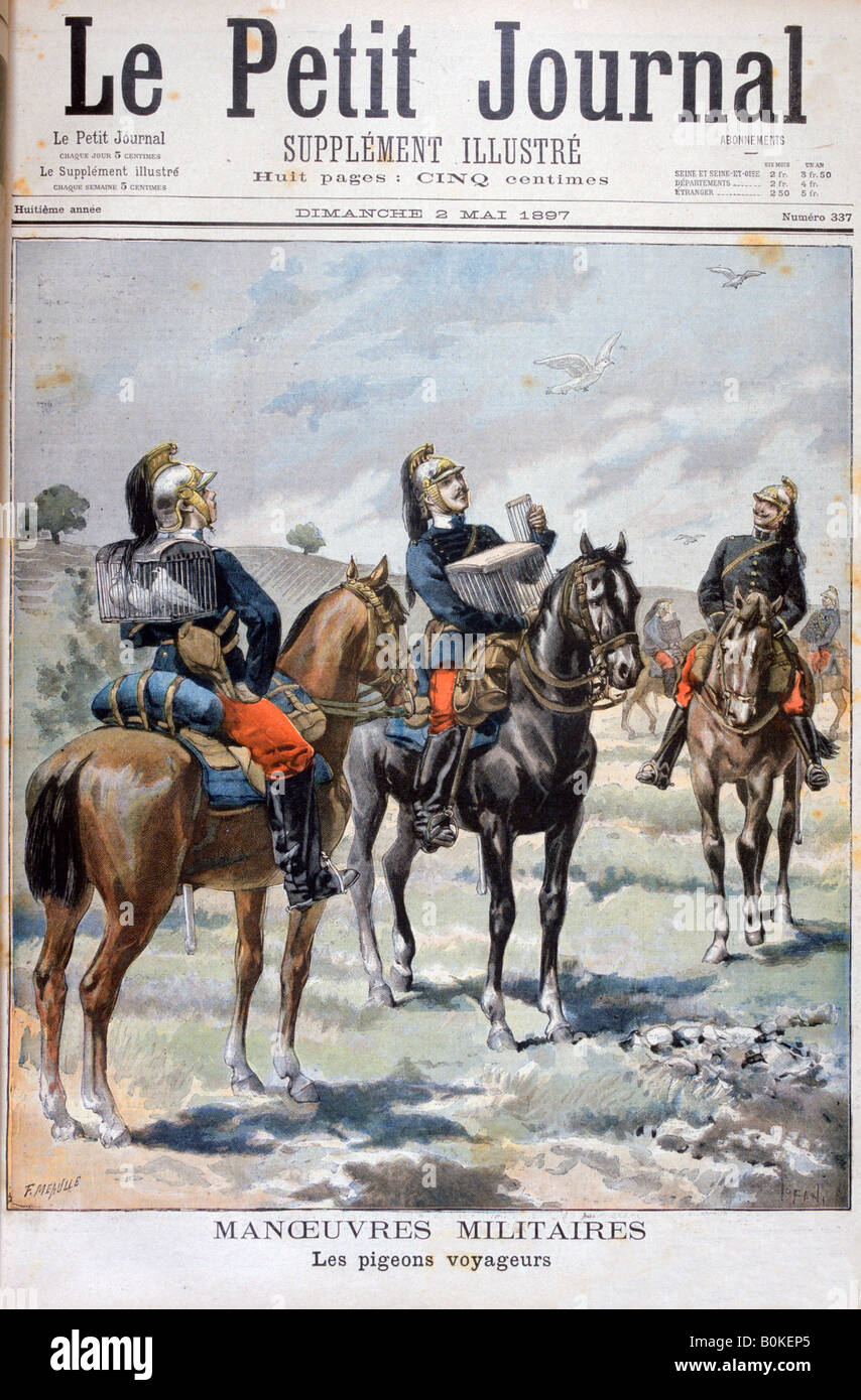 Francese manovre militari: utilizzando piccioni viaggiatori per comunicare, 1897. Artista: Oswaldo Tofani Foto Stock
