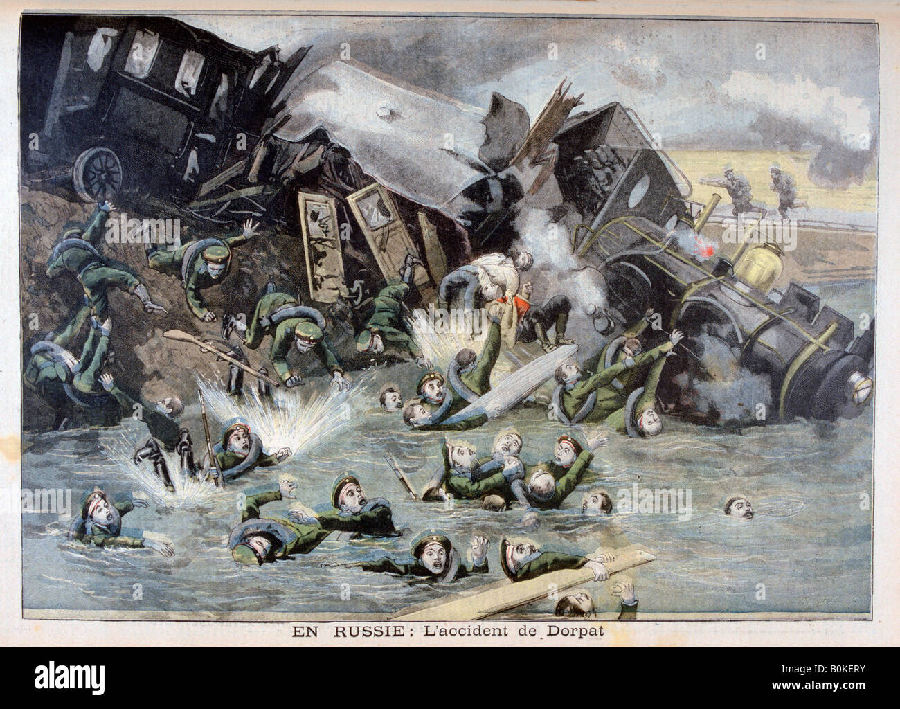 Treno militare incidente in Dorpat, Russia, 1897. Artista: F Meaulle Foto Stock