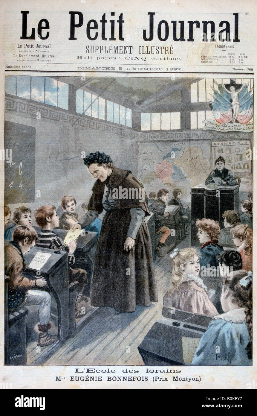 Mademoiselle Eugenie Bonnefois, fondatore di una scuola per i figli dei lavoratori della fiera, 1897. Artista: F Meaulle Foto Stock