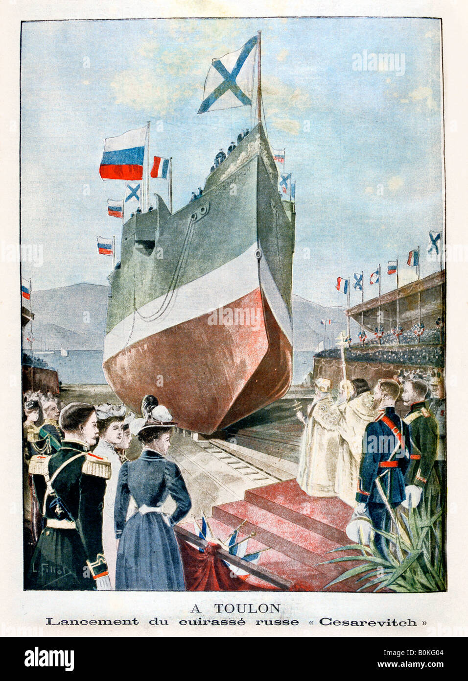 A Tolone, lanciando la corazzata russa "Cesarevitch', 1901. Artista: sconosciuto Foto Stock