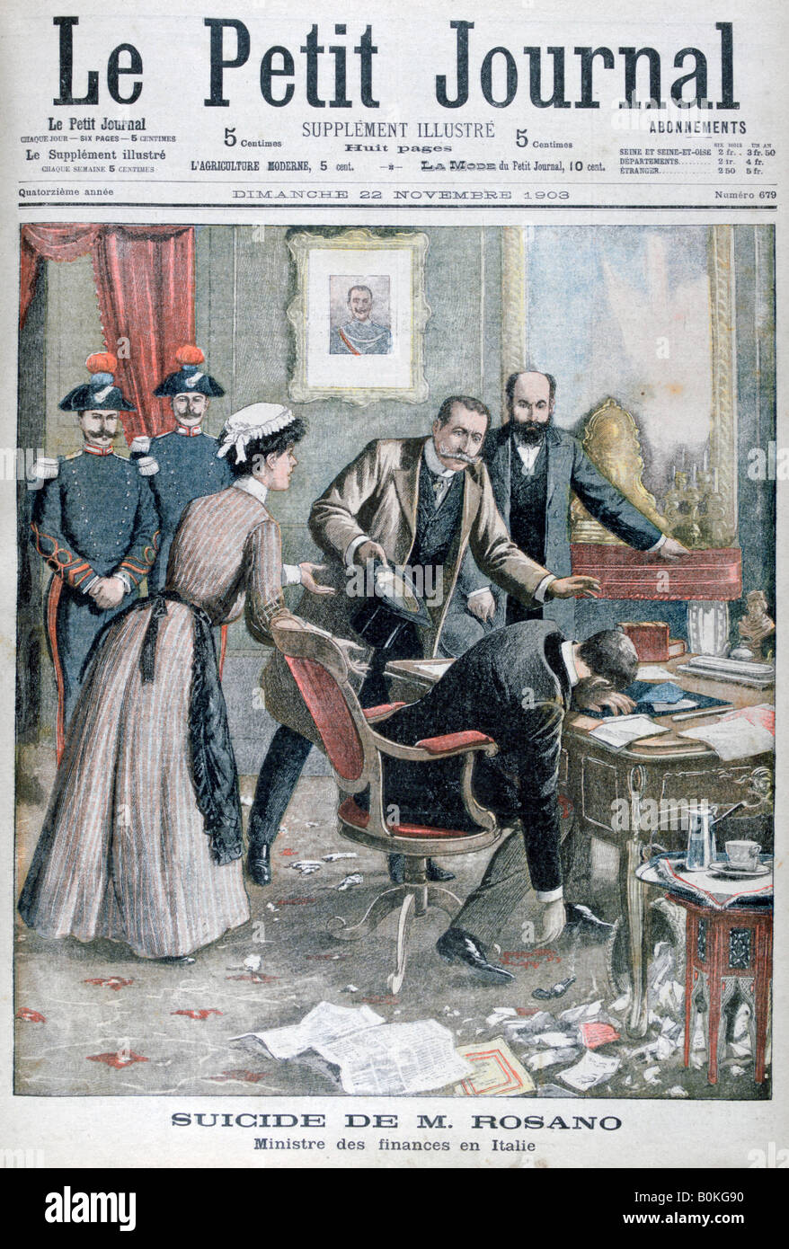 Il suicidio del Signor Rosano, ministro italiano delle Finanze, Napoli, 1903. Artista: sconosciuto Foto Stock