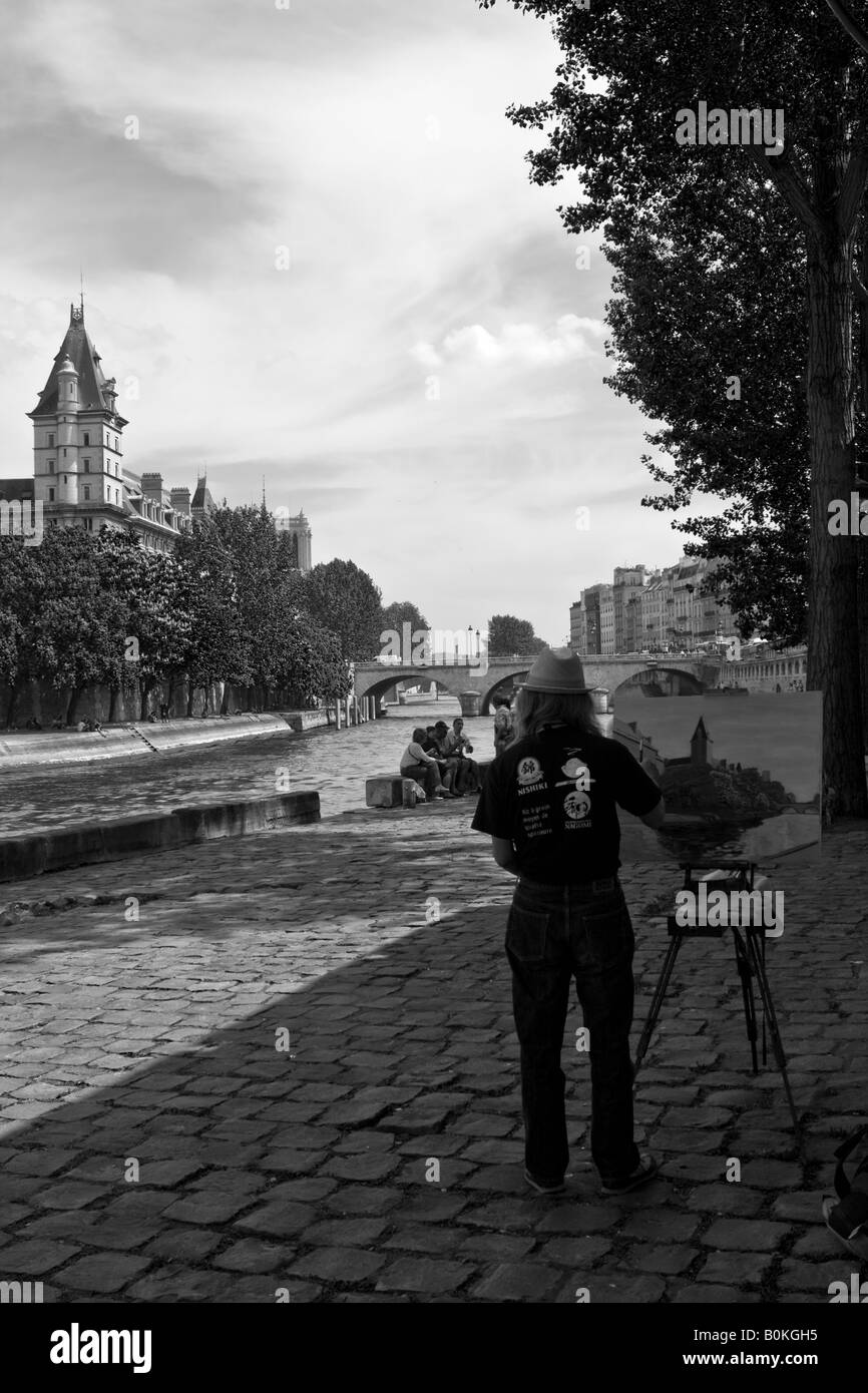 Pittore, turisti e il Fiume Senna, Parigi, Francia Foto Stock