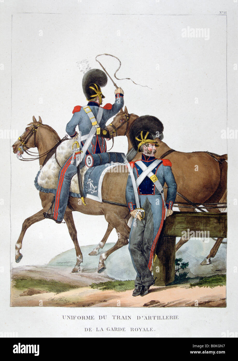 Uniforme di un reggimento di artiglieria a cavallo il treno della guardia reale, Francia, 1823. Artista: Charles Etienne Pierre Motte Foto Stock