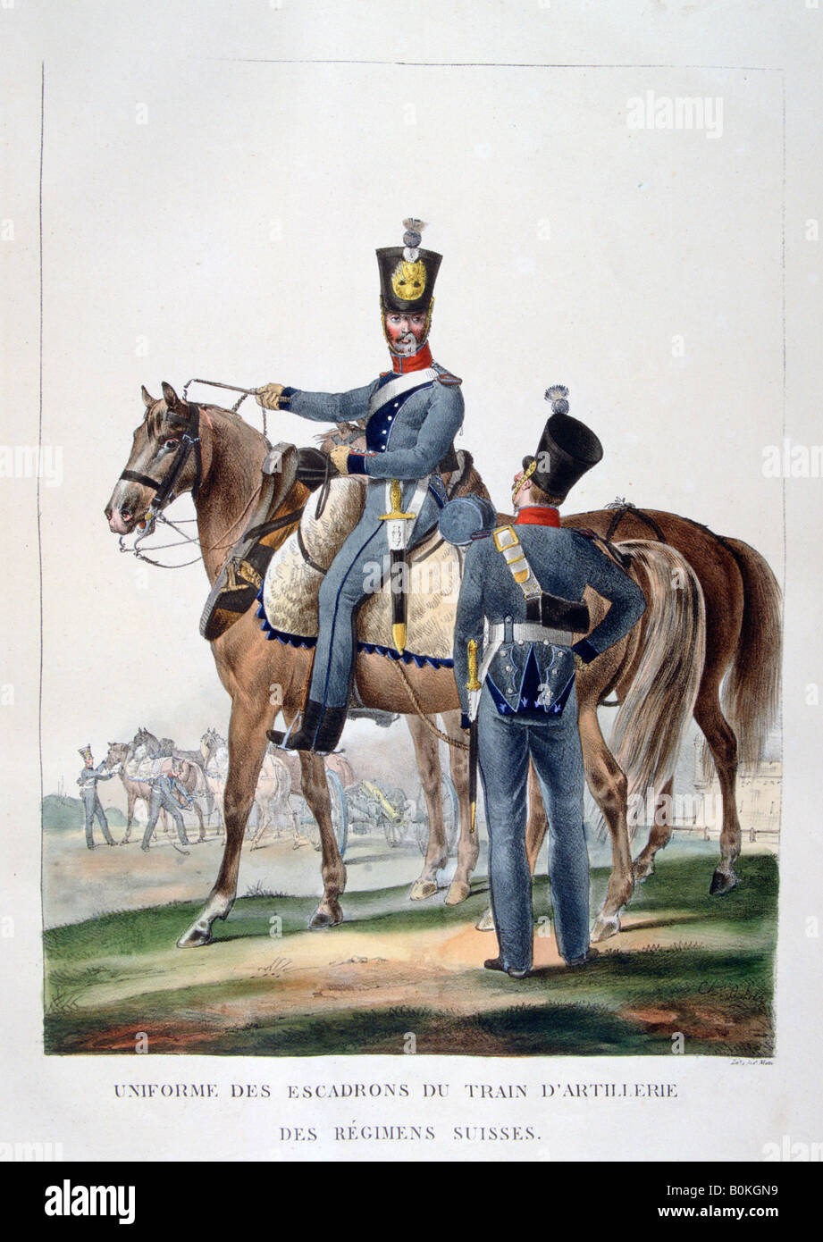 Uniforme di uno squadrone di cavallo treno di artiglieria di un reggimento di Svizzera, Francia, 1823. Artista: Charles Etienne Pierre Motte Foto Stock