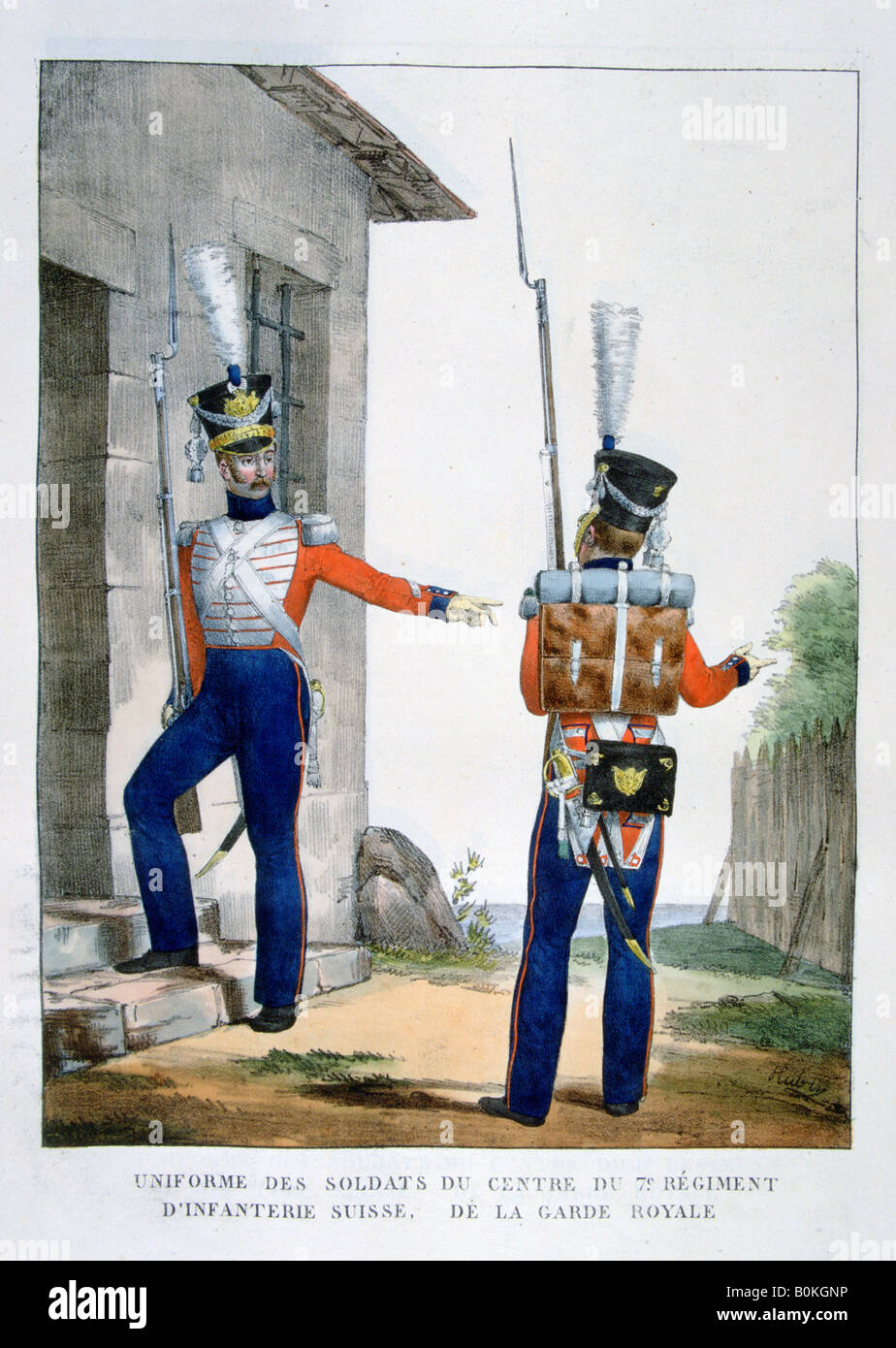 Uniforme della Swiss 7° reggimento di fanteria della guardia reale, Francia, 1823. Artista: Charles Etienne Pierre Motte Foto Stock
