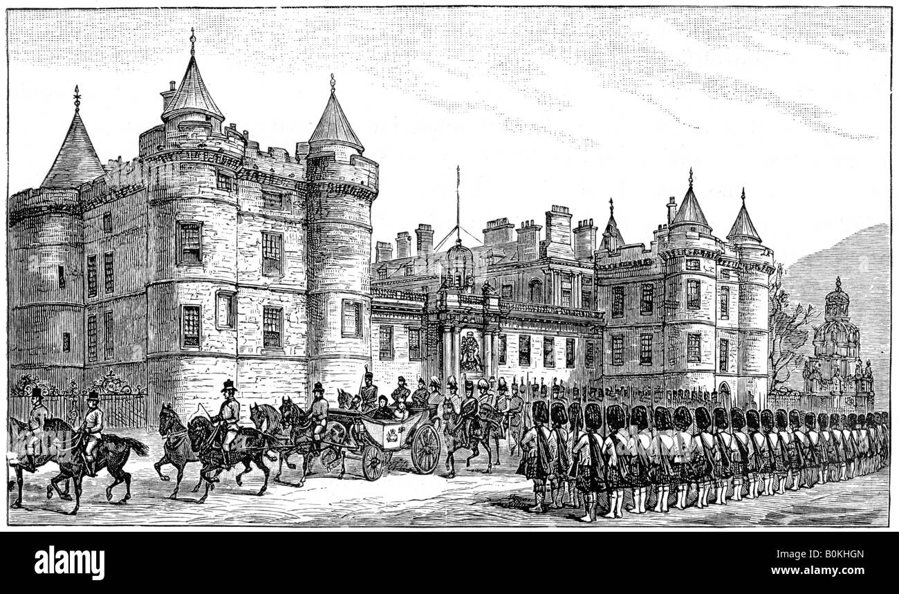La regina di lasciare il palazzo di Holyrood, Edimburgo, 1886, (1900). Artista: sconosciuto Foto Stock